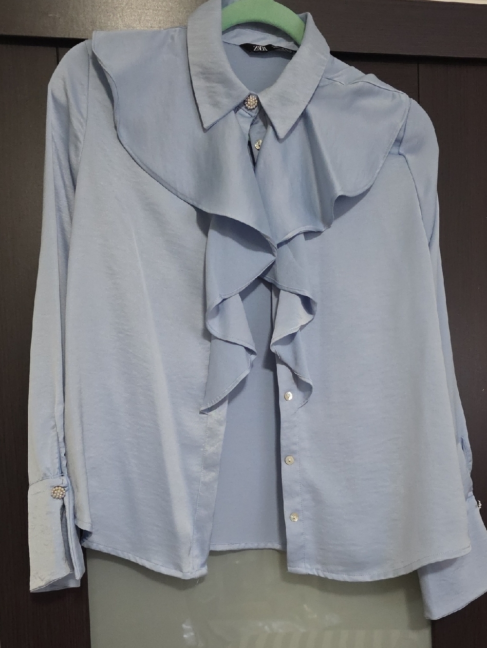 ZARA Light Blue Ruffle Front Button-Down Blouse